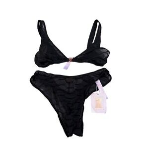 Savage X Fenty Lingerie Black Mesh Flocked Logo Bralette Thong Set Edgy Sexy S